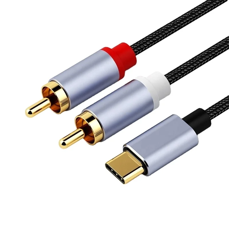 Factory 1 In 2 Out USB Type-C To Male 2 RCA 3.5mm to 2RCA Cable Gold-Plated Nylon Braided Dual RCA Audio Stereo Y Splitter Cable