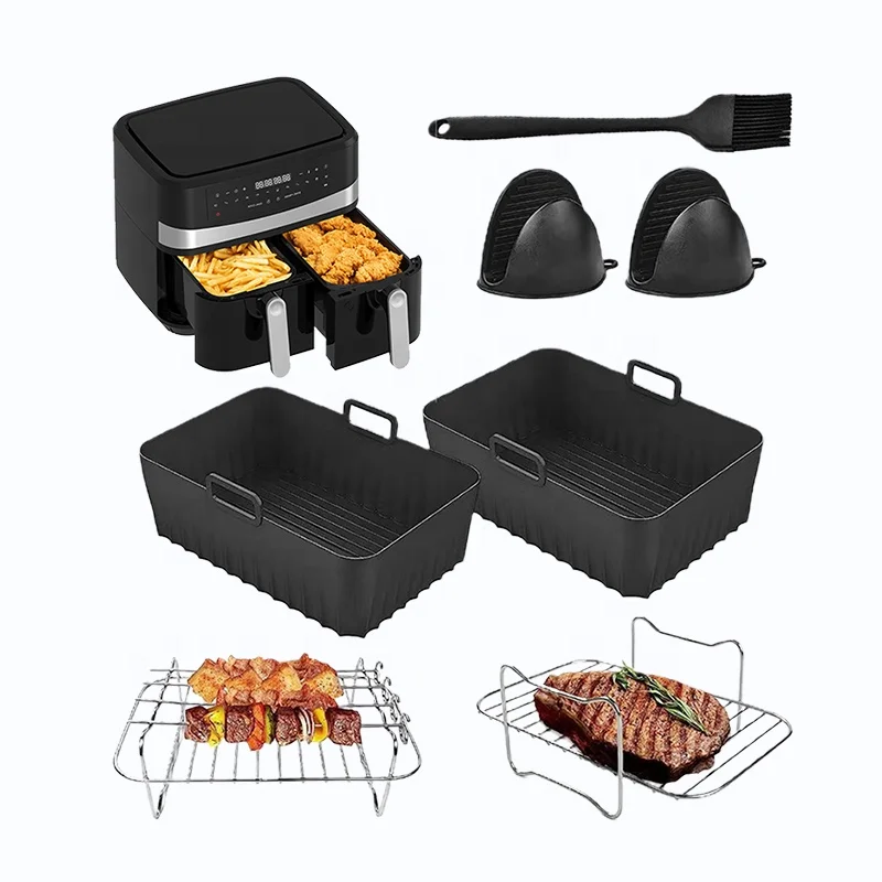 Air Fryer Accessories for Ni nja Dual 2 Pcs Air Fryer with 2 Pcs Air Fryer Liners 4 Skewers Oil Brush Food Tongs Silicone Gloves