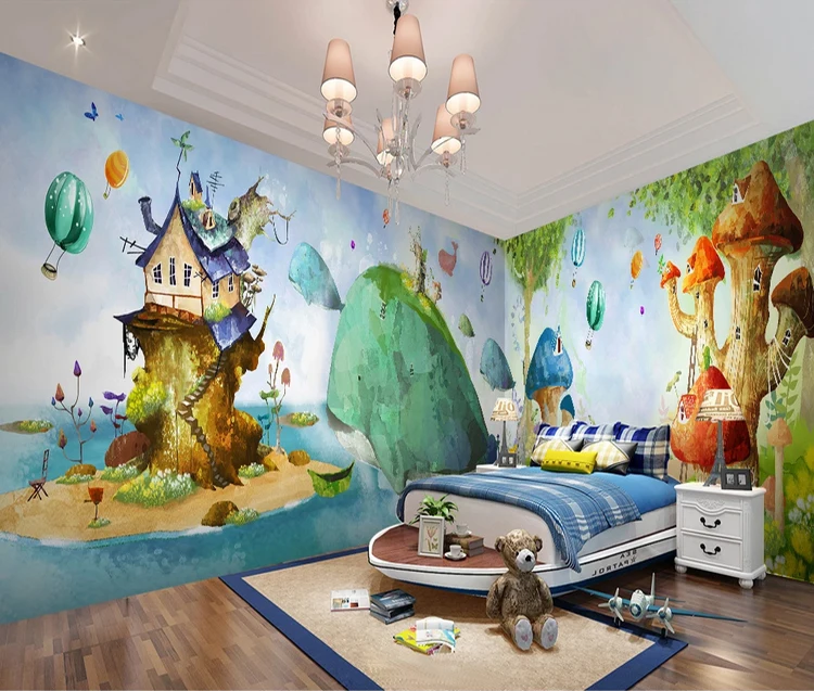 Painting fantasy forest animation wall mural whale house kids room wallpaper