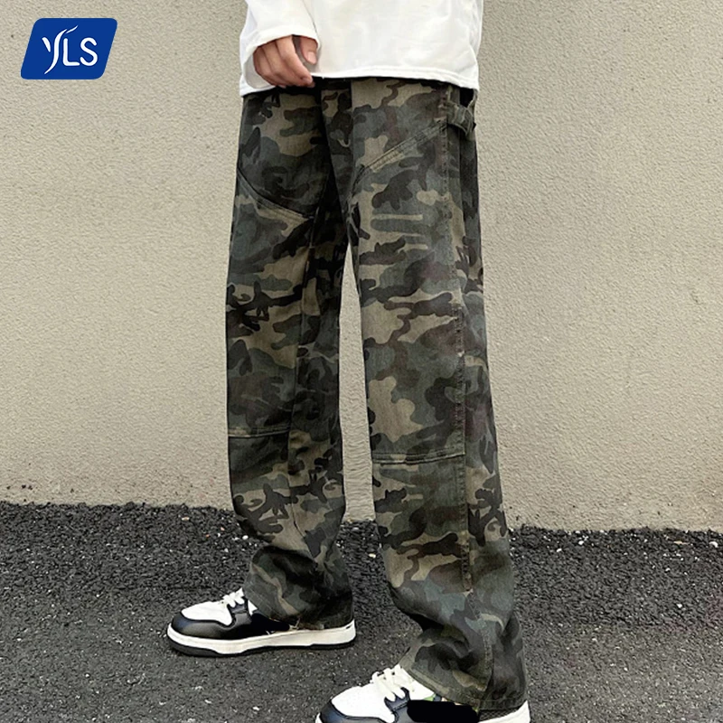 YLS Men Custom High Streetwear Camouflage Pants Oversized Camo Twill Denim Cargo Pants