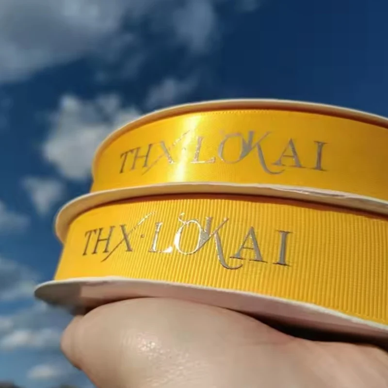 customized logo polyester grosgrain ribbons 3d gold foil embossed printed gift wrapping decorative satin ribbon
