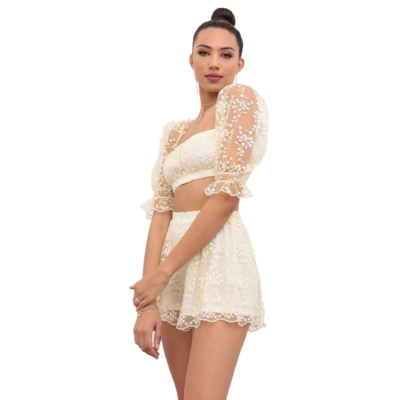 2021 New Fashion Custom Casual Summer Women 2 Pieces Hollow out Yellow Floral Lace Crop Tops  Mini skirt suit