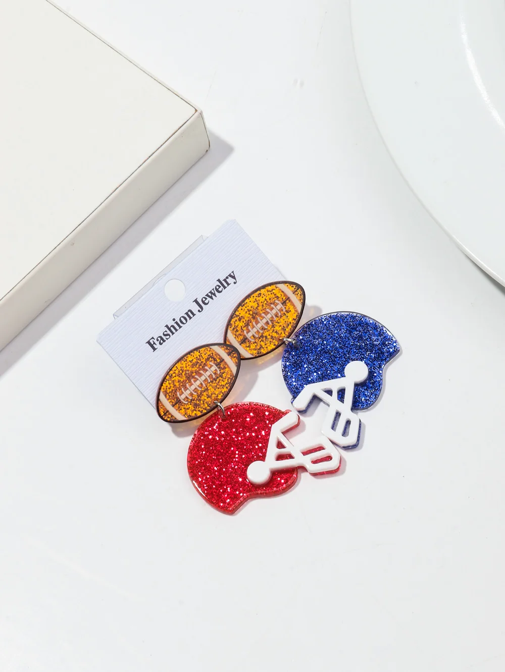 Sport Style Creative Asymmetrical Rugby Red Blue Glitter Football Player Hat Helmet American Football Acrylic Drop Earrings