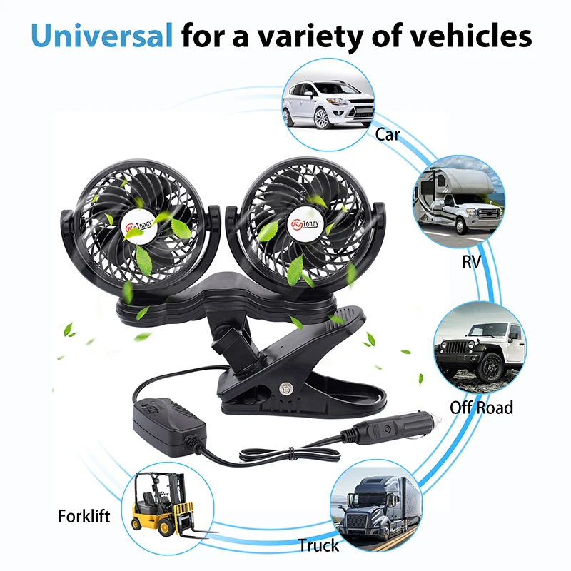 Factory Made Hot Sell 12V Clip-on Dual-Head double Car Fan with variable speed control and heavy duty clip