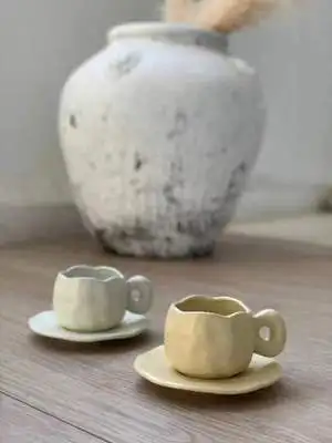 Aesthetic Ins Style Ceramic Coffee Mug with Saucer Handcrafted Irregular Textured Milk Tea Cup Set Best Gift for Coffee Lovers