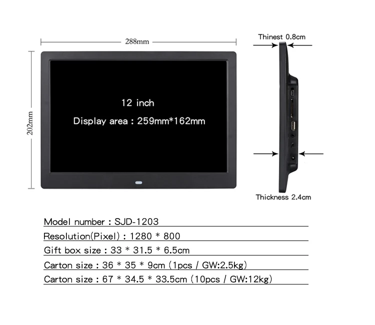Hot Sale 1280x800 Wall Mount Motion Sensor HD Display 12 inch Digital Photo Frame