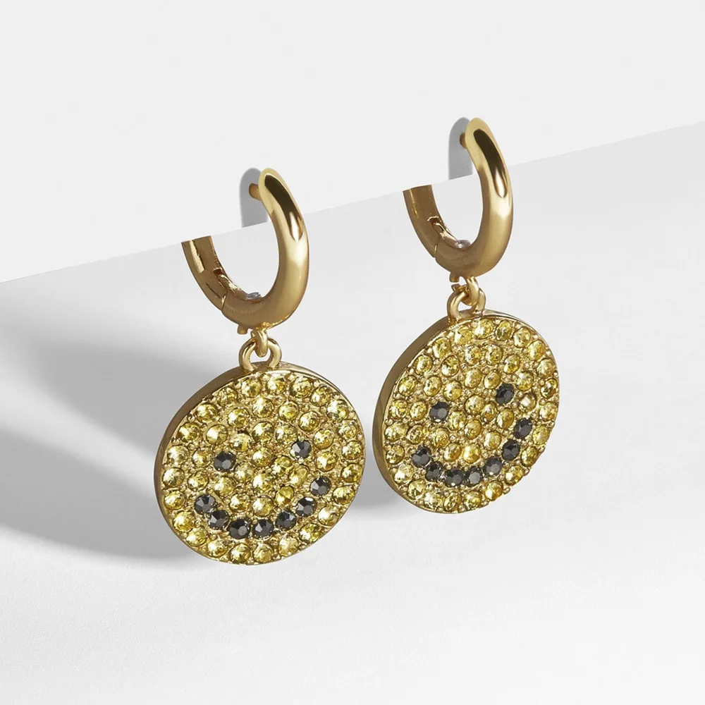 
Hot selling exaggerated gold-plated round copper diamond smiley face emoticon pendant earrings manufacturers supply 