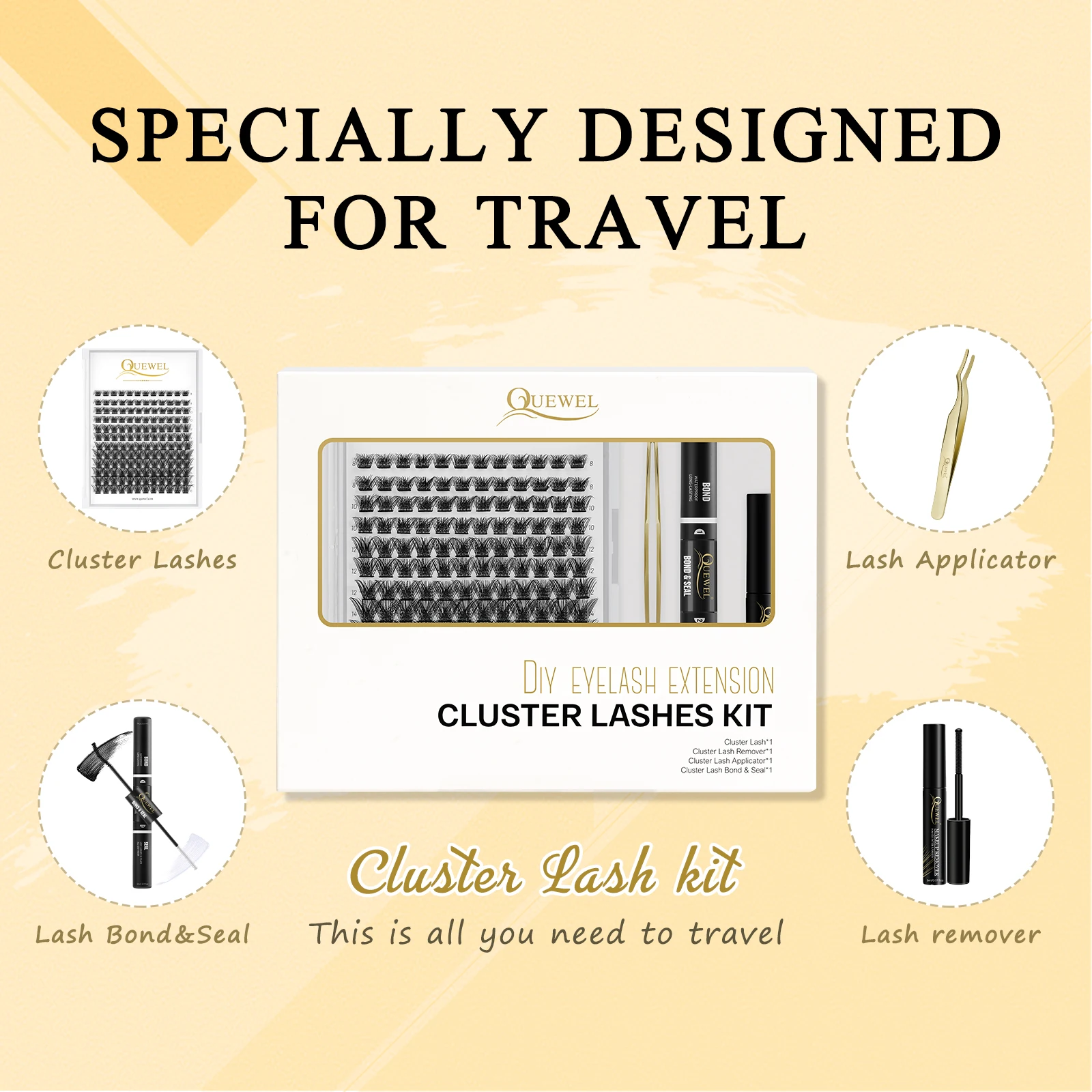 DIY Lash Extensions Kit Clusters Eyelash 144 Pcs Golden Lashes Tweezers Eyelash Clusters Bond and Seal Waterproof Cluster Lash