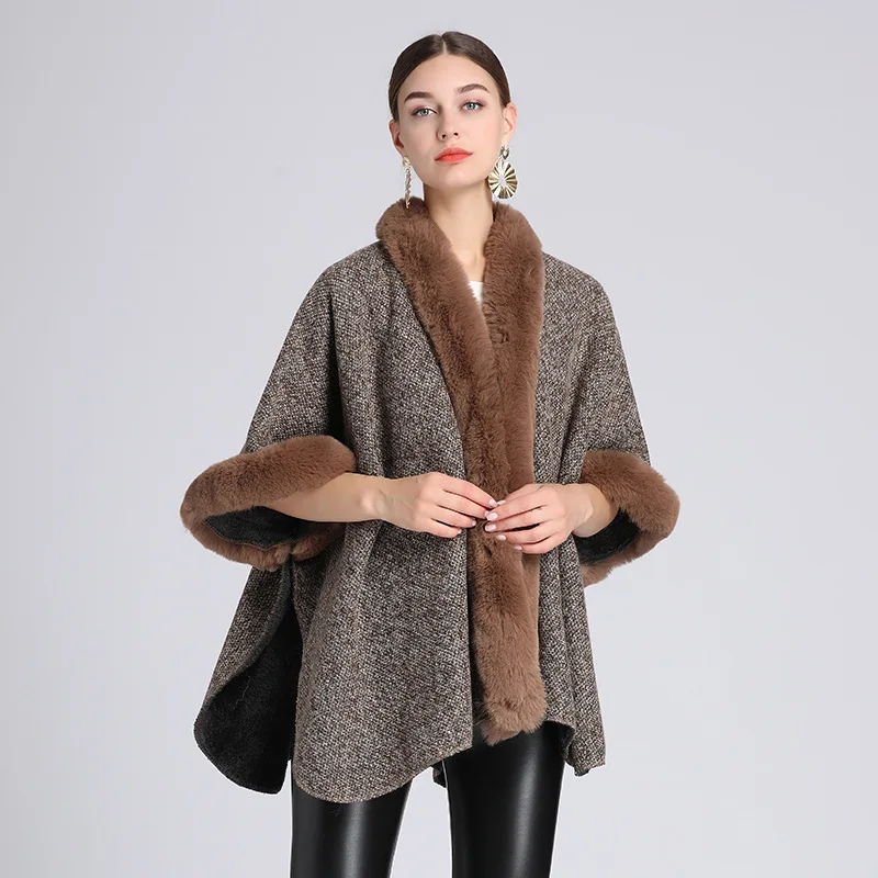 CX-F-S-23A Faux Rex Rabbit Fur Cape Shawl Polyester Knit Women Cheap Wholesale Fur Poncho