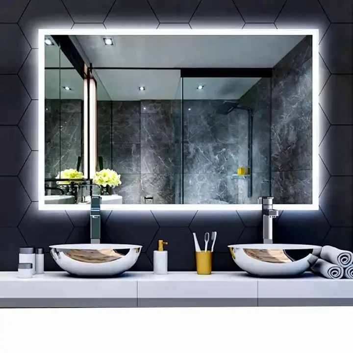 Luxury Rectangular LED Backlit Smart Bathroom Mirror Big Wall Mounted Anti Fog Silver Mirror Modern Luxury Style Wedding Makeup