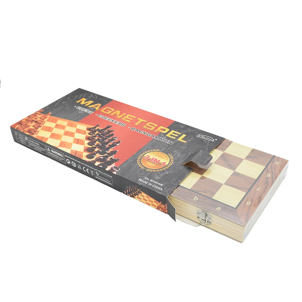 Three-in-one wooden magnetic chess, checkers, and checkers foldable educational chess and card table game toy