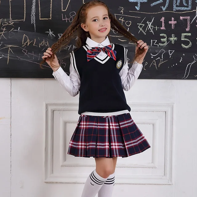 Exquisite Unisex preschool uniforms V-shaped sweater vest checked skirt school uniform fabrics Suit Uniform School Kids Girls