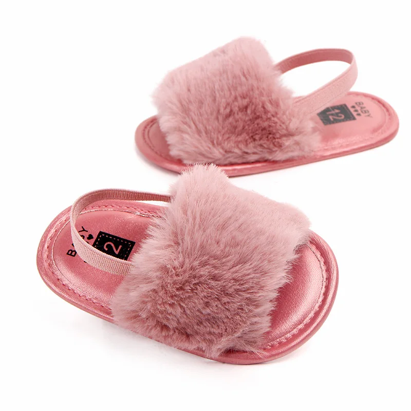 Toddler Baby Girls Plush Sandals Soft Sole Faux Fur Flats Prewalker Slippers With Elastic Back Strap (1600338105063)