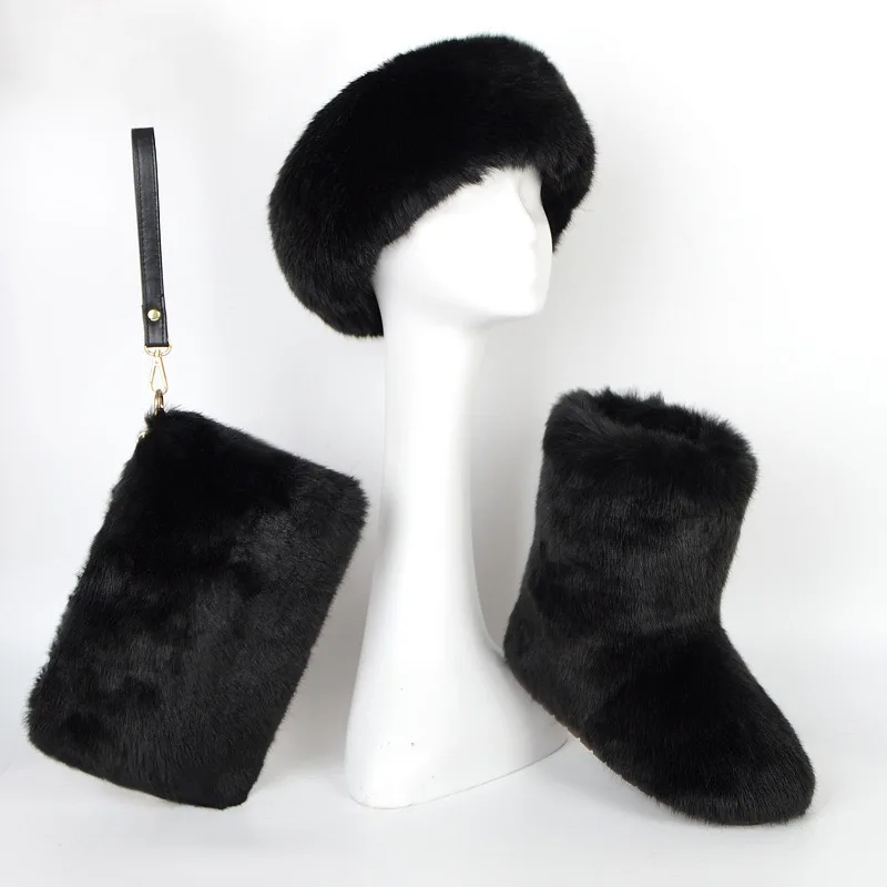 
2020 women winter kids faux fur boots set with headband and bag kids fur boot and purses sets Hot sale products 