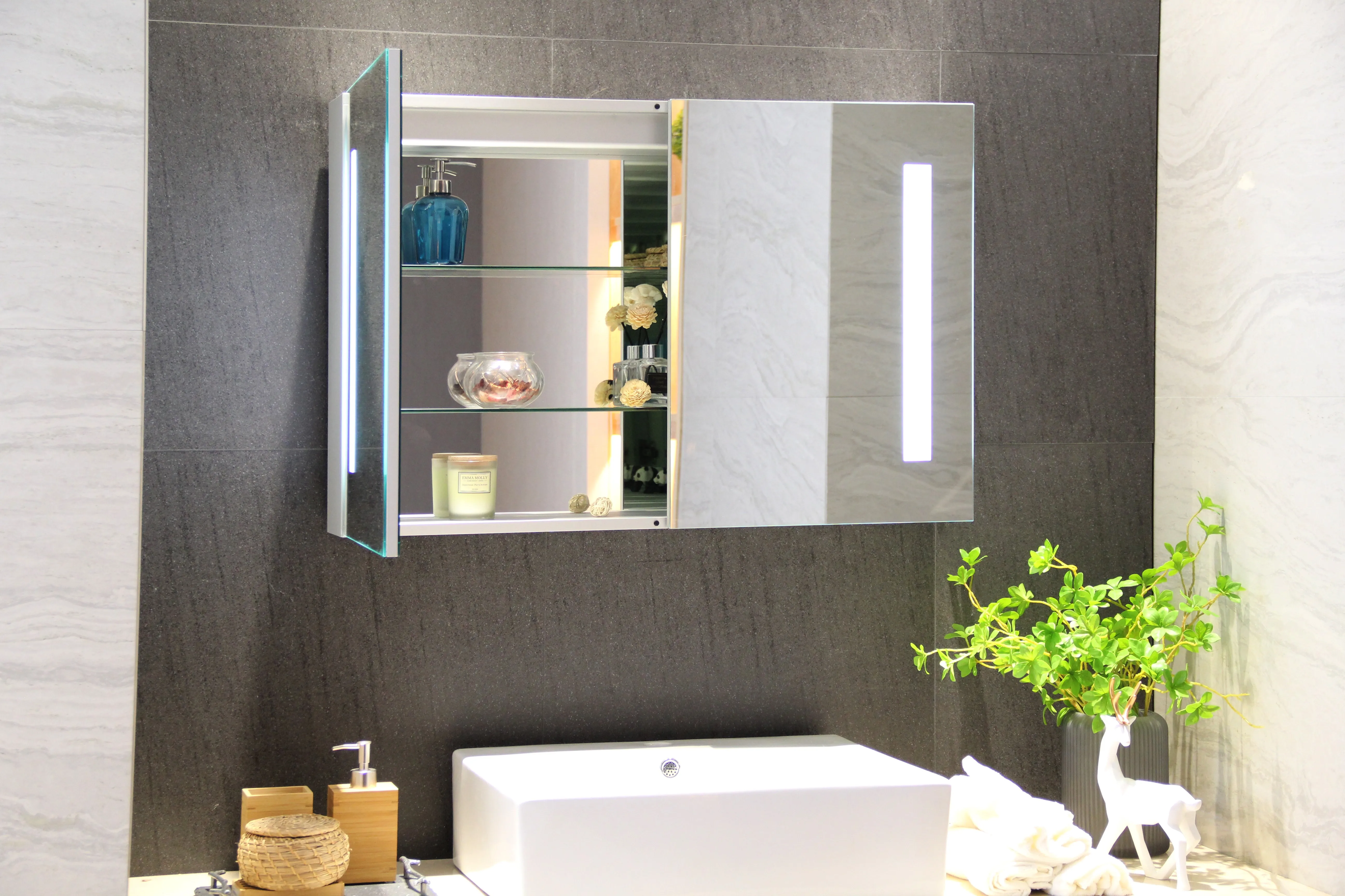 Bathroom Dim Mirror Cabinet Manufacturer Touch Sensor LED Lighted Wall Cabinet Makeup Medicine Cabinet With Double Side Mirror
