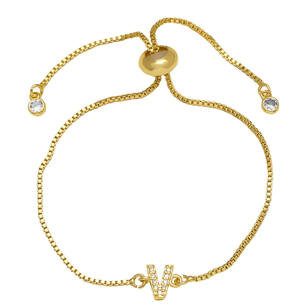 Fashion Adjustable Gold Plated Zircon 26 Letter Bracelets Copper Jewelry Box Chain Alphabet Charm Bracelet