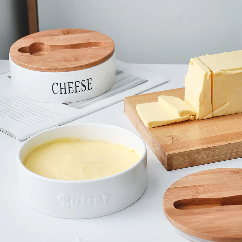 Durable Kitchen Food Storage Container Large Capacity 700ml Ceramic Butter Dish With Knife And Wooden Seal Lid