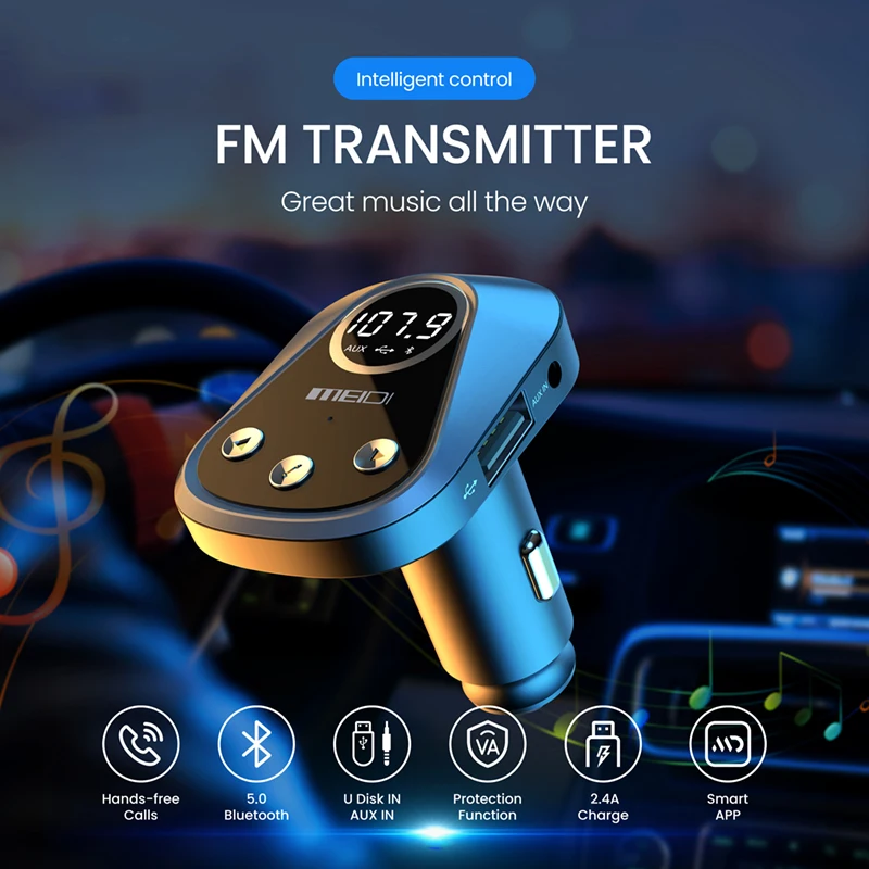 Factory Hot Sale Handsfree  APP Control Car Usb Bluetooth Fm Transmitter With Quick Charge Dual Usb Ports
