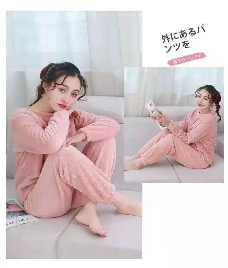 
Factory Price Fall Winter Ladies Coral Fleece Home wear Set Thicken Warm Women Flannel Pajamas 