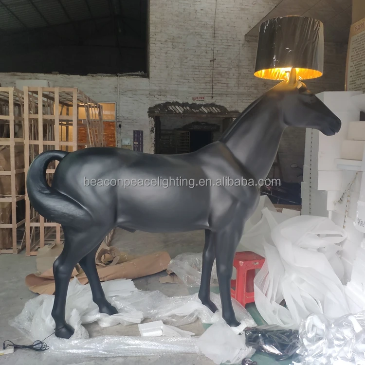 Hotel Home Black Horse Lamp Decoration Lighting Large Resin Statue Standing Light Sculpture Floor Lamp