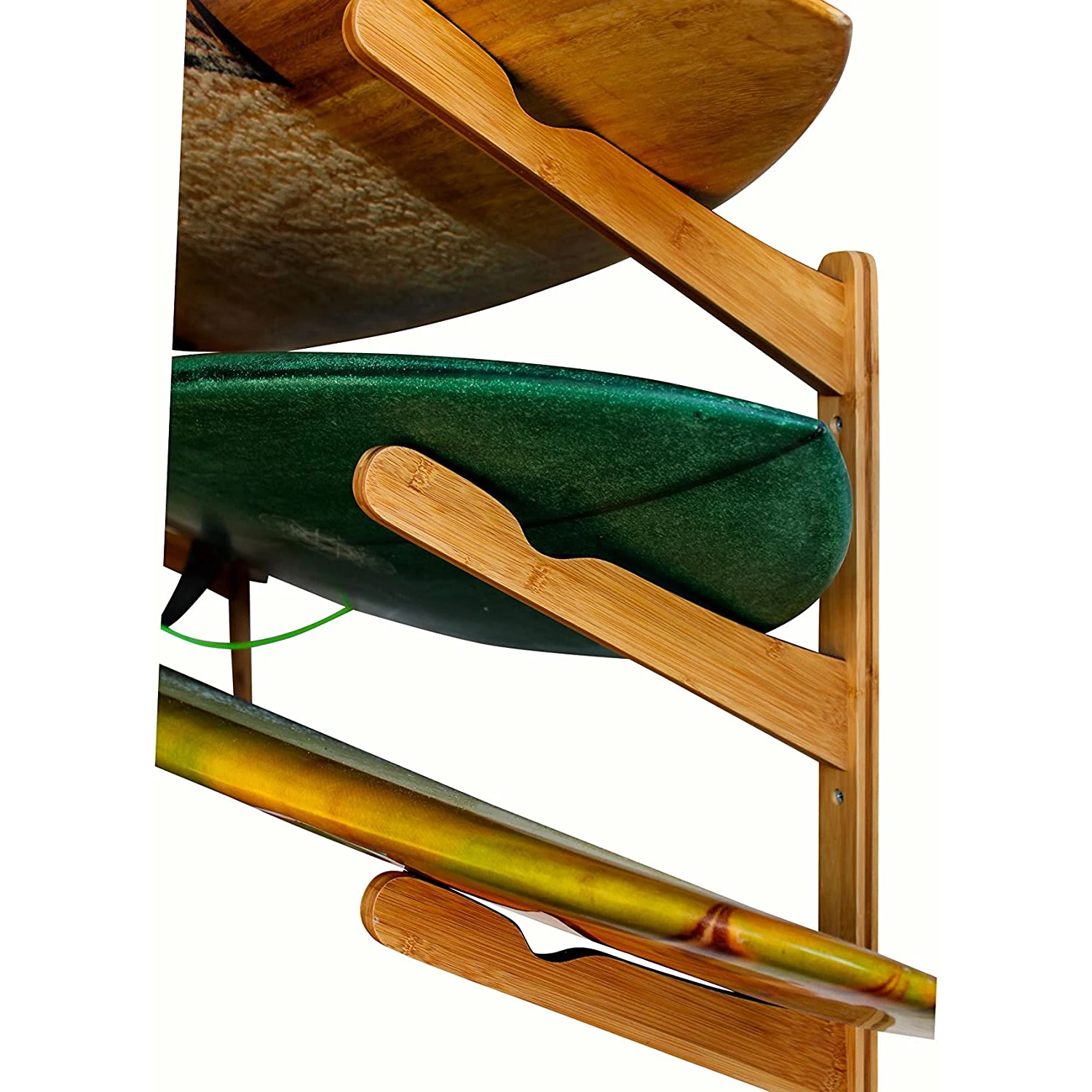 Wooden Surfboard Wall Mount for Surf Boards Snowboards Skateboards Kiteboards and Wakeboards Triple Tier Surf Board Display