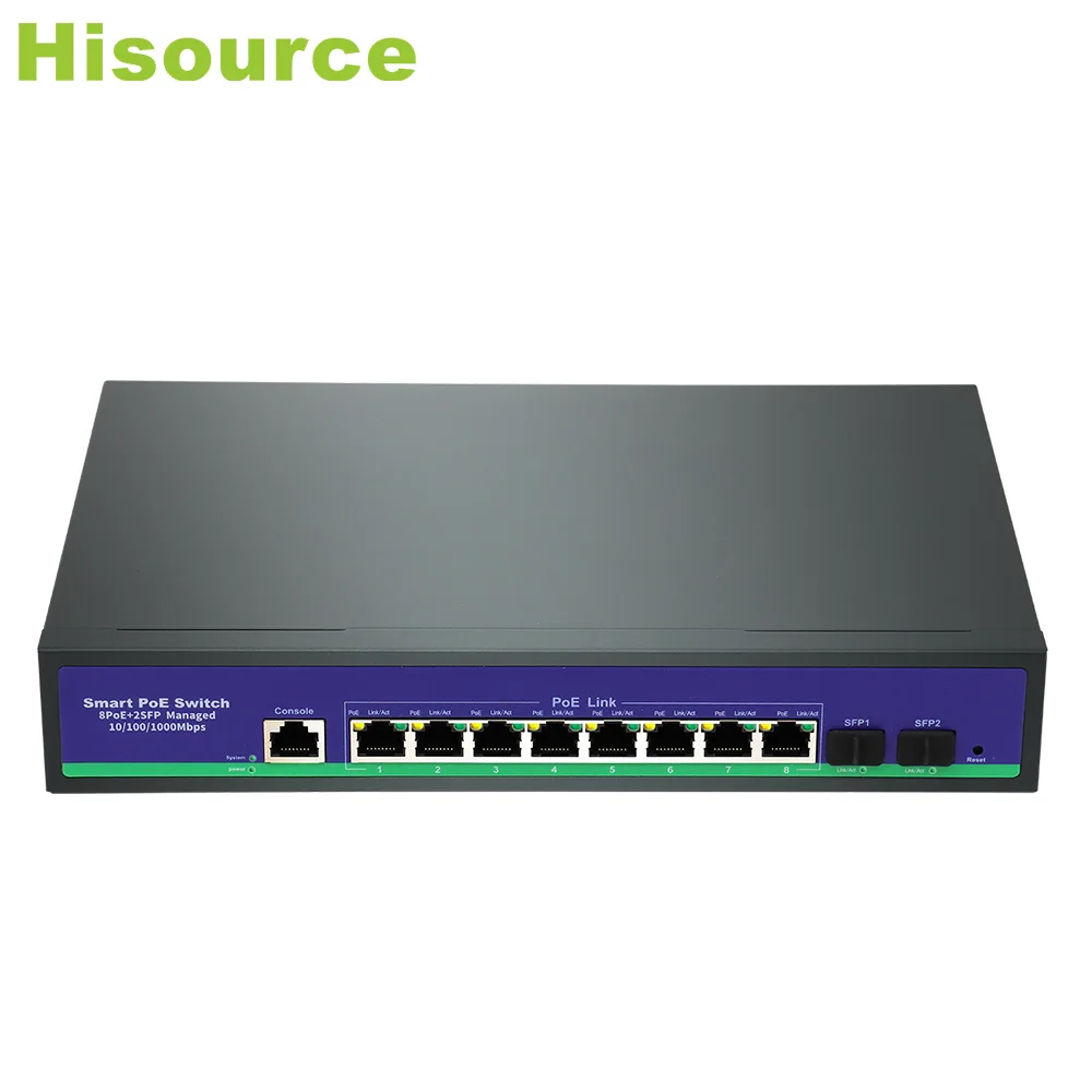 Hisource 8 Full Gigabit Port Managed Ethernet Switch 2*1G SFP Port Standard IEEE 802.3af/at for IP Camera CCTV