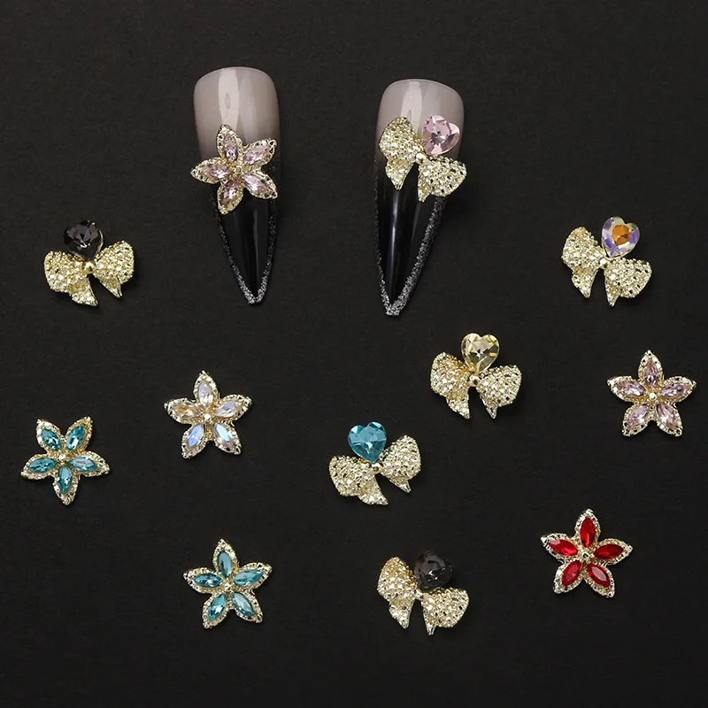 Factory Wholesale Alloy Bow Charms for Nails Bowtie Bowknot Nail Studs Rhinestone for Women Girls Nail Art