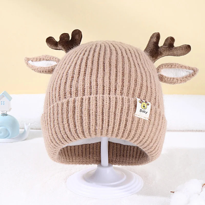 Cute deer design knitting hats baby thread crochet cap with ears boy girls Christmas red beanie kids knitted hat for Winter