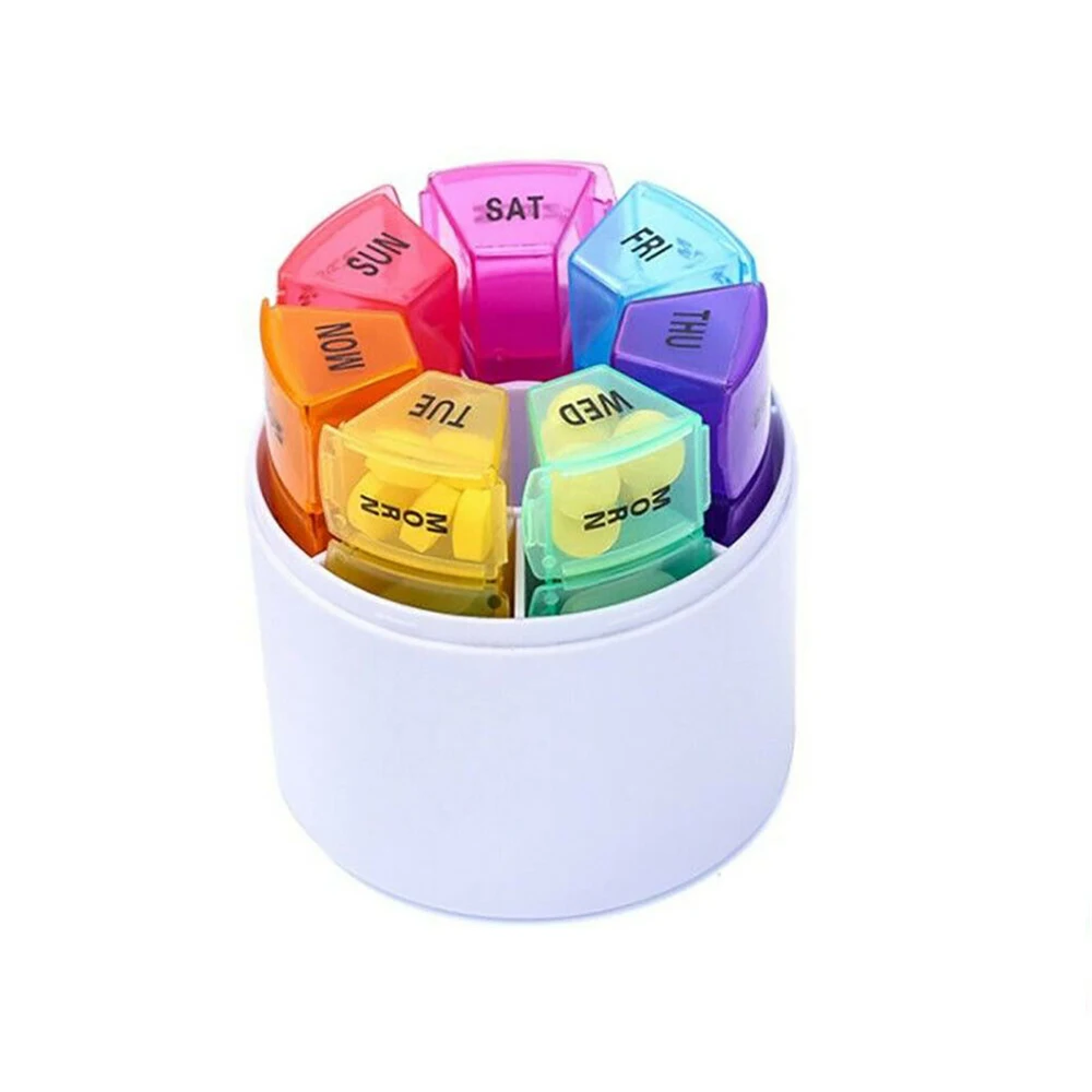Round Shape Colorful 28 Compartments Pill Organizer 7 Day Tablet Sorter Box Stock Pill Box