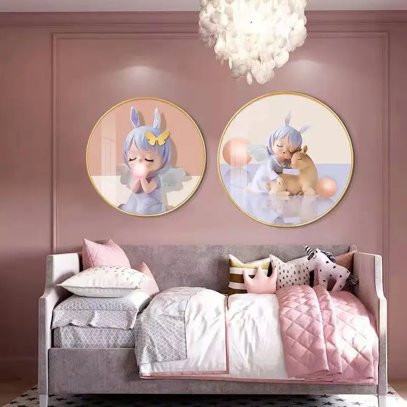 Modern Cartoon Pink Annie Angel and Fawn Girls Room Decoration Painting Bedside Crystal Porcelain Wall Art