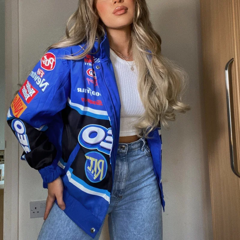 Женская бейсбольная куртка, повседневная синяя куртка-бомбер с длинным рукавом и надписью, модель 3xl на весну и осень, 2021