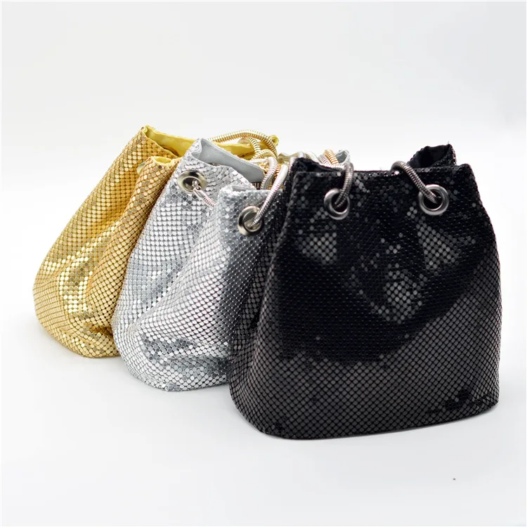 China supplier gold  color evening bag women metal mesh bucket handbag shoulder bag ladies cross body bag