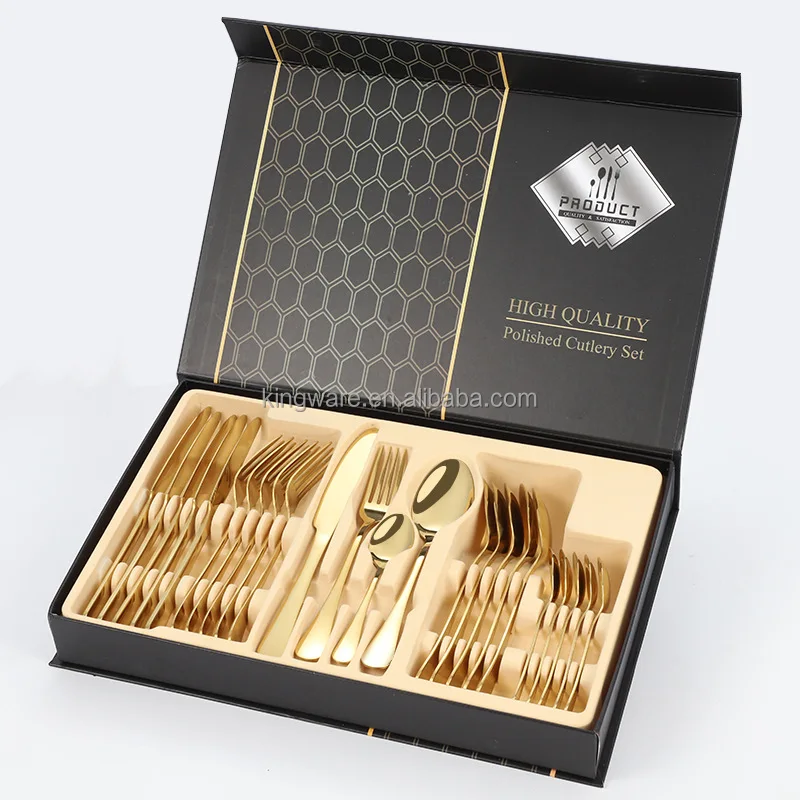 Premium gift luxury dinnerware spoon fork knife tea spoon dessert 18/8 stainless steel gold cutlery 20pcs flatware set with box
