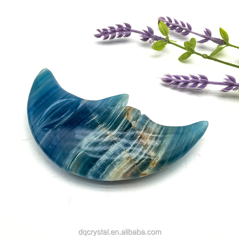 wholesale natural crystal blue onyx moon face crystal crafts green blue onyx carving moon face for decoration