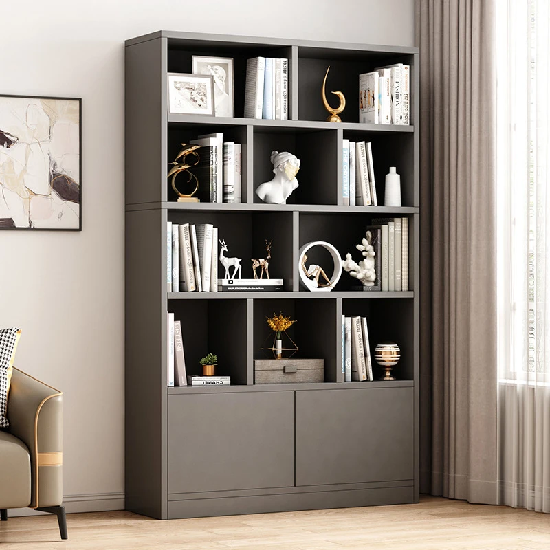 Mid century modern luxury office wooden 5 shelf bookshelf storage antique display bookcase gray with doors