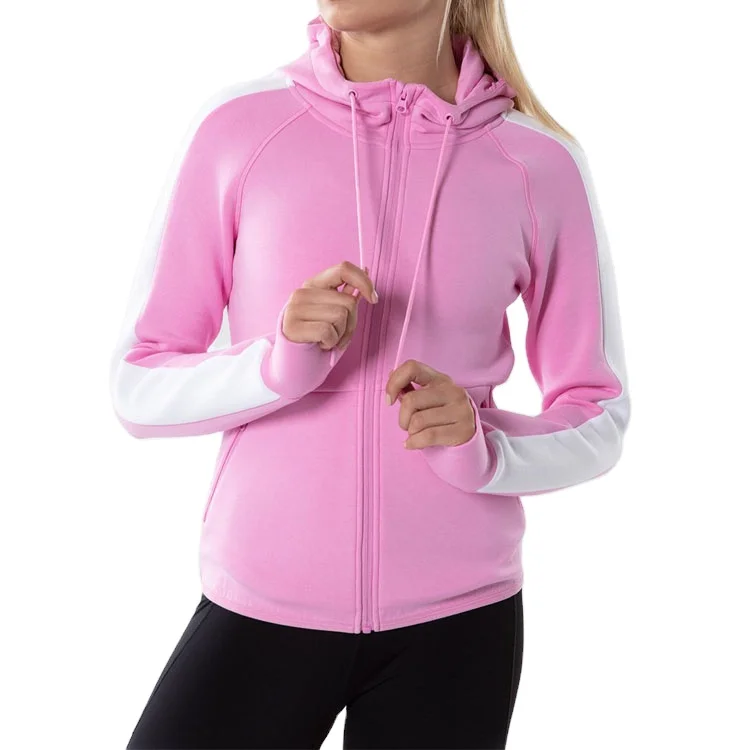 Women Fashion Design Sport Gym Cotton Full Zip Side Zip Pocket Color Block Hoodie