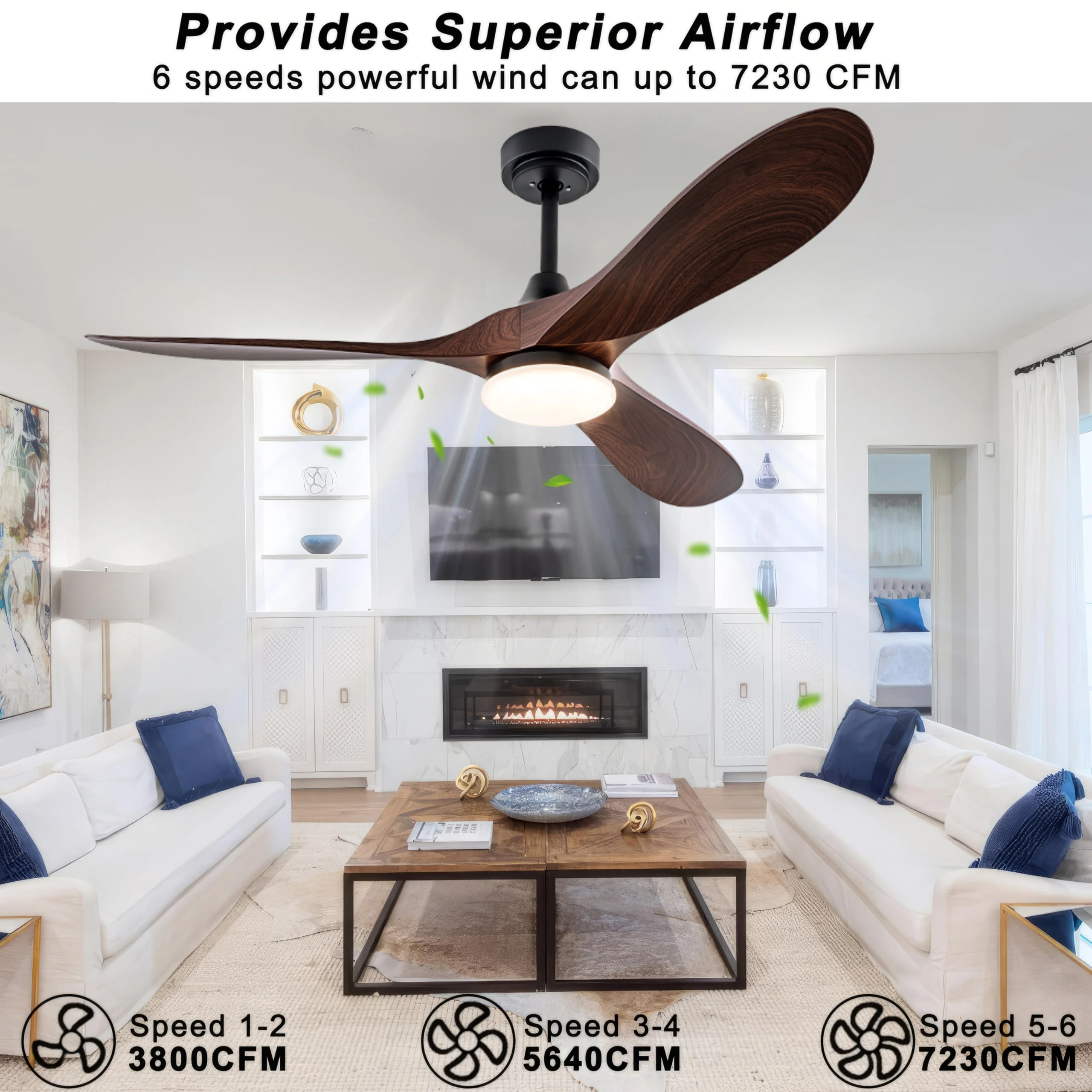 Modern LED Ceiling Fan with Light 52 Inch Wood Grain ABS Blades DC Motor Remote Control Ideal Living Room Bedroom Ceiling Fan