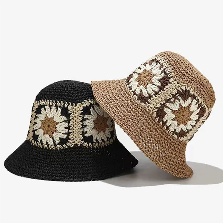manufacture custom designer famous brand flower knitted small brim boho straw bucket hat mujer unisex colorful folding sun cap