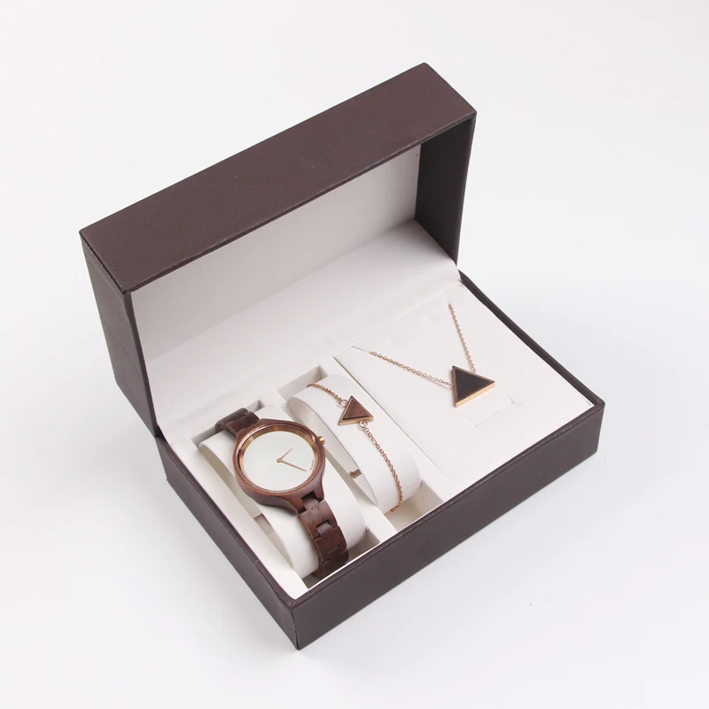 SOPEWOD Fashion Jewelry S.S Bracelet Necklace Wooden Watch Gift Set for Women Girl