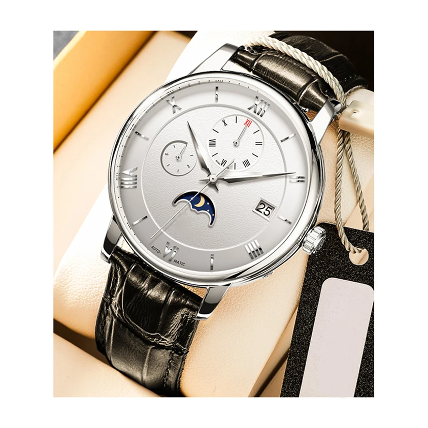 Flexible custom price calendar moon phase waterproof men business mechanical watches