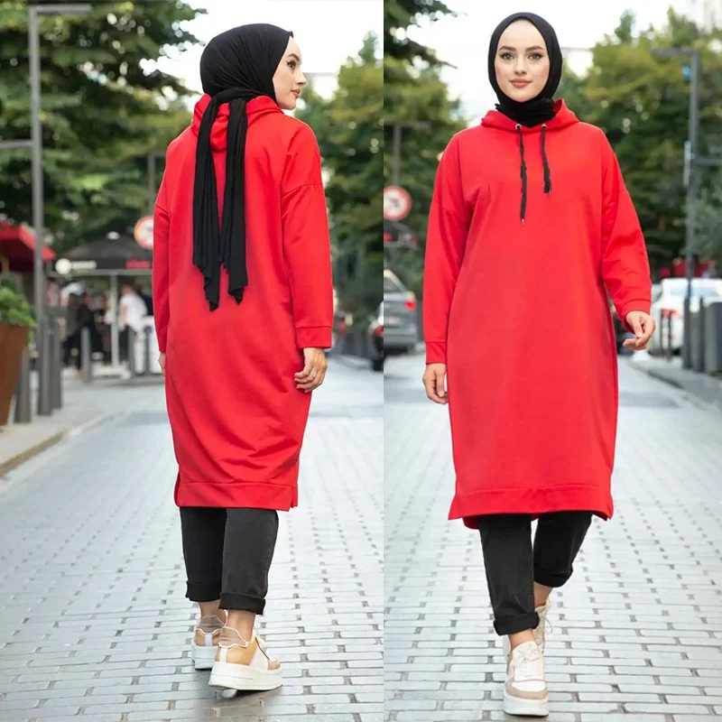 Turkey muslim clothing mid length tunic sport suit new fashion muslim modest long sleeve sportswear hoodie
