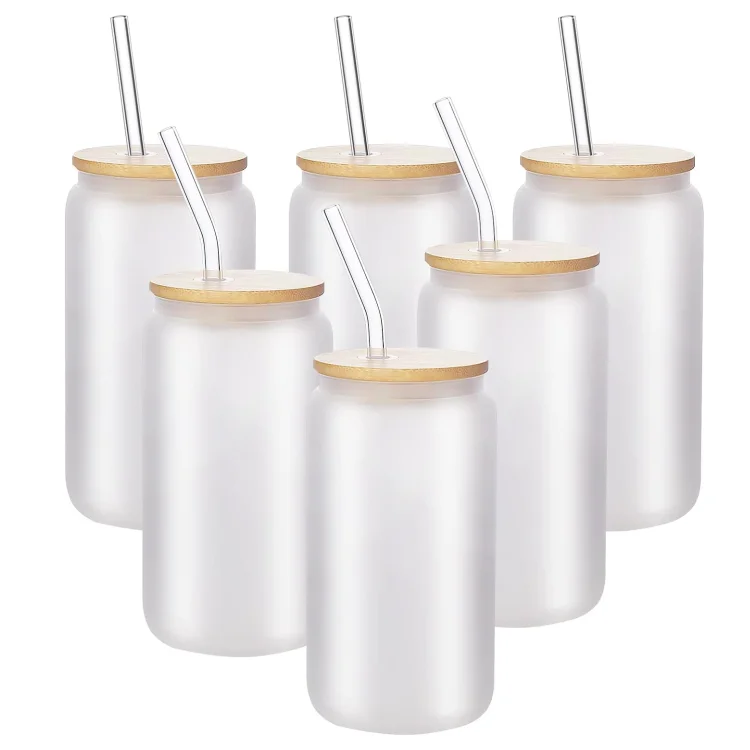 Factory Direct Sale Food Grade Custom Christmas Pattern Design 16Oz Sublimation Glass Can With Bamboo Lid