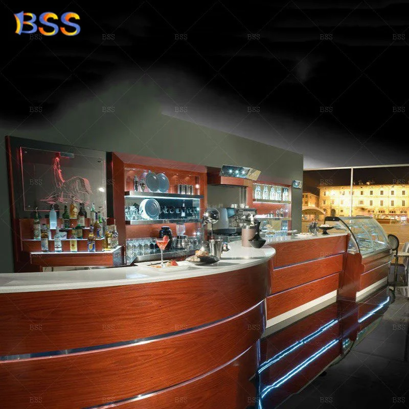 Стойка для кафе, современный дизайн, Мраморная столешня, деревянный изогнутый ресторанный бар