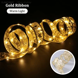 Christmas Tree Ribbon Lights 10M Copper Wire Ribbon Glowing Bows Led Fairy Strings Lights Ribbon Christmas  With Led Light