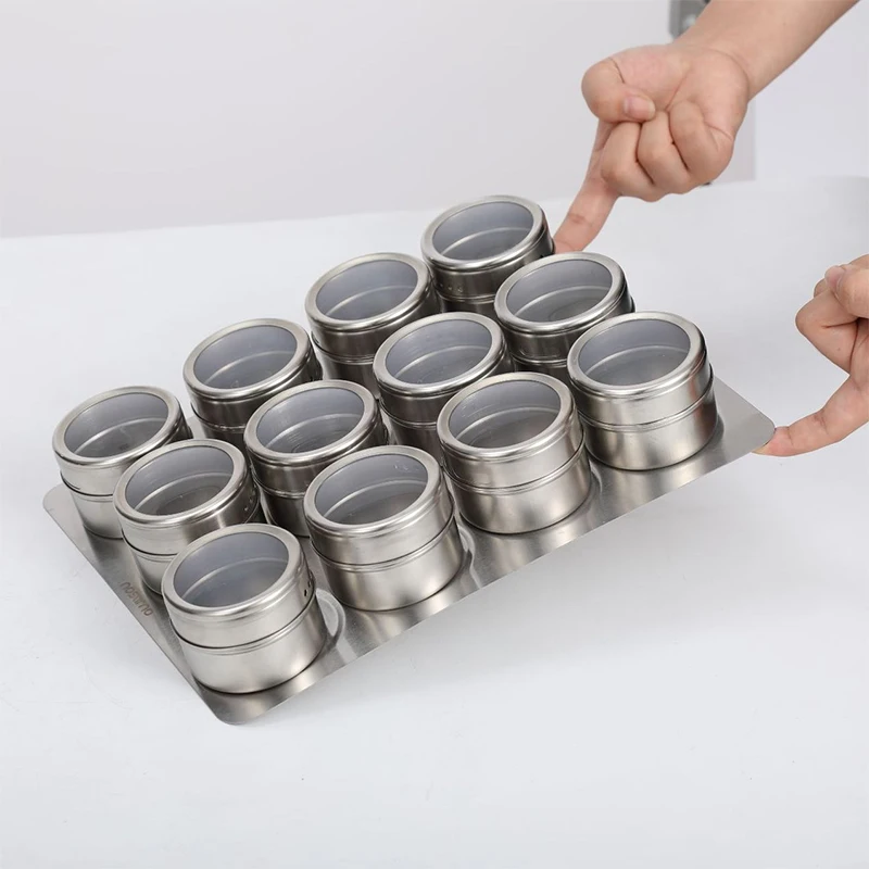 12 Set Portable Stainless Steel Magnetic Spice Tins Containers Salt and Pepper Shaker Jars with
