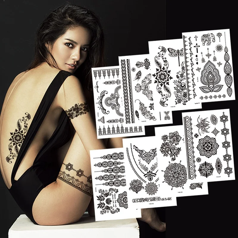 Waterproof Black Lace Tattoo Sticker Fashion Sexy Arab Indian Rose Butterfly Bow Tattoo Paint On Hand Arm Leg