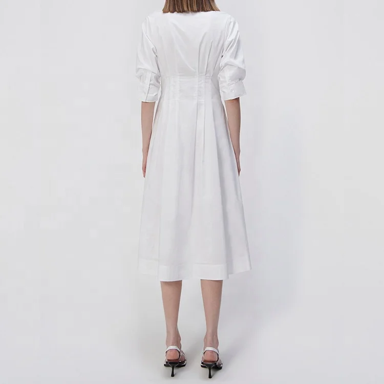 Wholesale Women Clothing High Quality White Linen Half Sleeve Shirt Midi Dress Button up Turn-down Collar Casual dresses