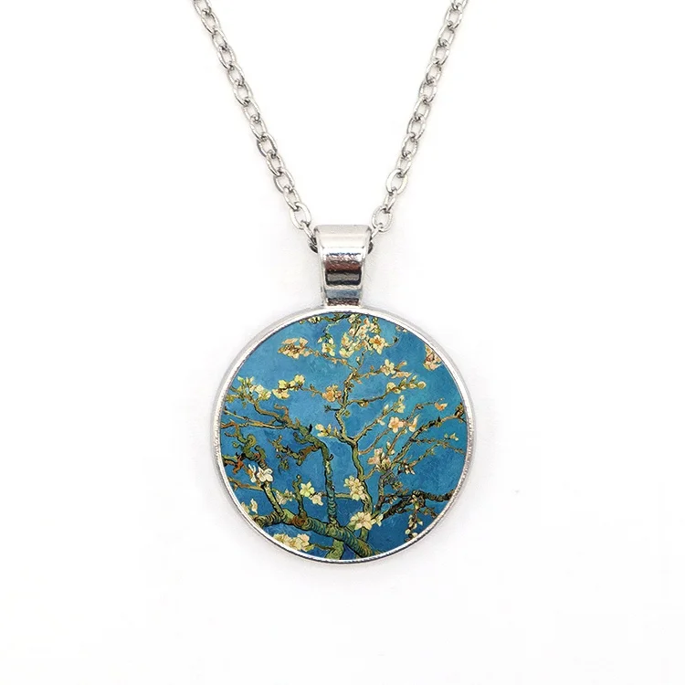 Alloy metal patent printing easily cleaning circular pendant flower oil painting pattern custom necklace (1600505550437)