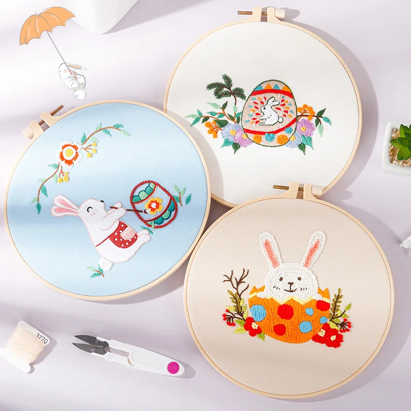 Wholesale cross stitch kit cartoon rainbow rabbit pattern needlework diy embroidery kit handmade folk crafts