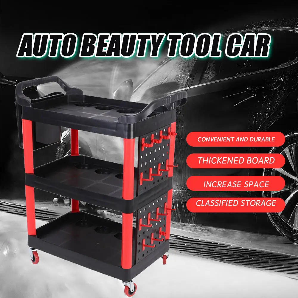 Manufacturer Sale Car Wash Detailing Trolley Three layer Auto Beauty Tool Trolley With Pegboard And Hanging Buckets